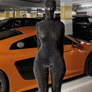 💋BACKLESS BODYCON JUMPSUIT w/ MASKED PONYTAIL HOOD!!!